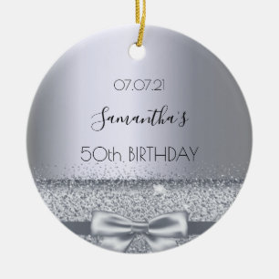 50th birthday silver  bow ceramic tree decoration