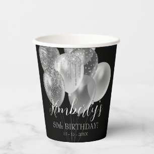 50th Birthday, Silver Glitter Balloons, Name & Age Paper Cups