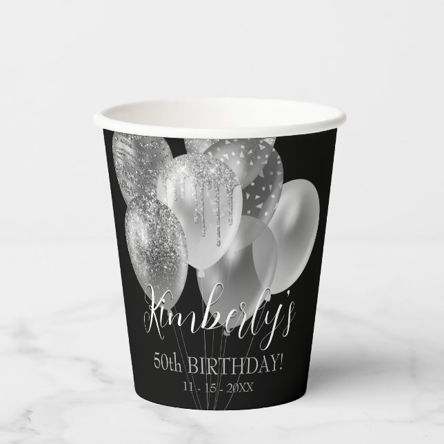 50th Birthday, Silver Glitter Balloons, Name & Age Paper Cups (Front)