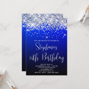 50th Birthday Silver Glitter Blue Navy Black Invitation