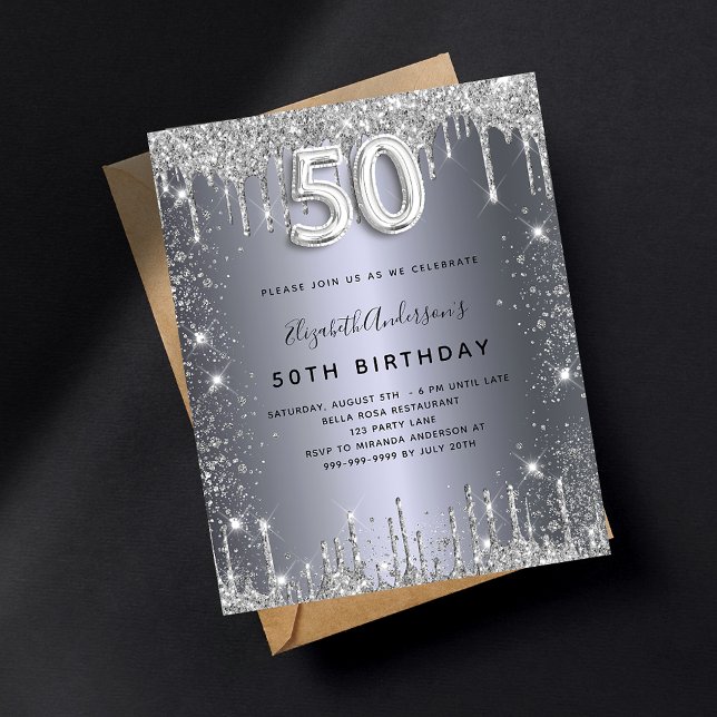 50th birthday silver glitter budget invitation flyer (Creator Uploaded)