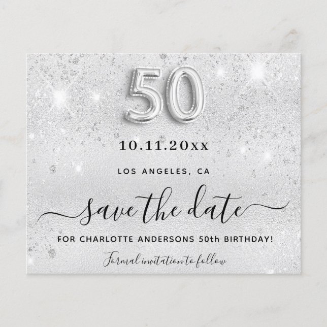 50th birthday silver glitter budget save the date flyer (Front)
