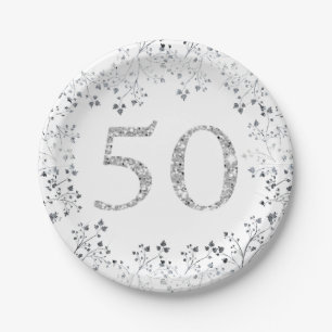 50th Birthday, Silver Glitter, Custom Paper Plate