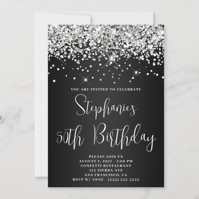 50th Birthday Silver Glitter Dark Grey Ombre Invitation (Front)