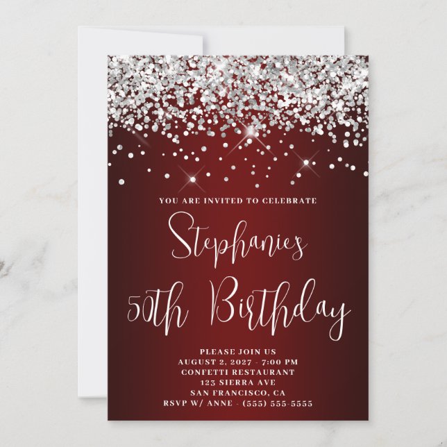 50th Birthday Silver Glitter Dark Red Ombre Invitation (Front)