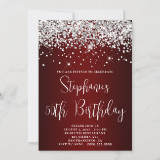 50th Birthday Silver Glitter Dark Red Ombre Invitation