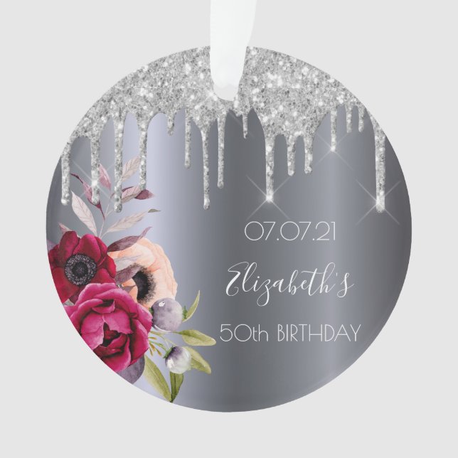 50th birthday silver glitter drips floral burgundy ornament (Front)