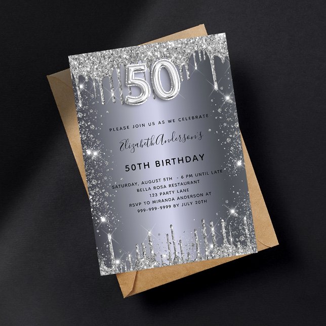 50th birthday silver glitter drips sparkle luxury invitation (Creator Uploaded)