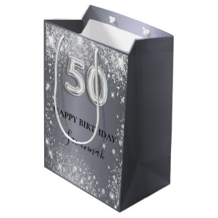 50th birthday silver glitter dust monogram medium gift bag