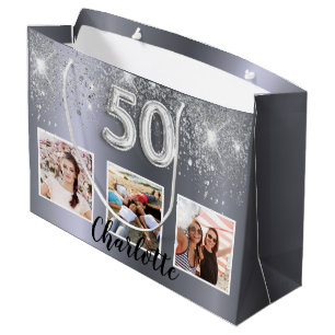 50th birthday silver glitter dust photo monogram large gift bag
