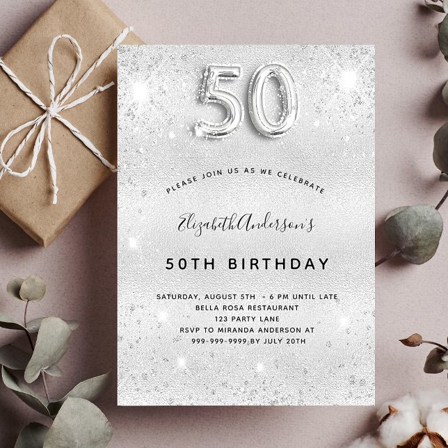 50th birthday silver glitter invitation postcard (Creator Uploaded)