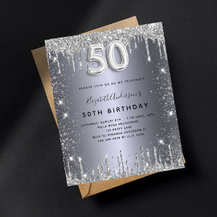 50th birthday silver glitter invitation postcard