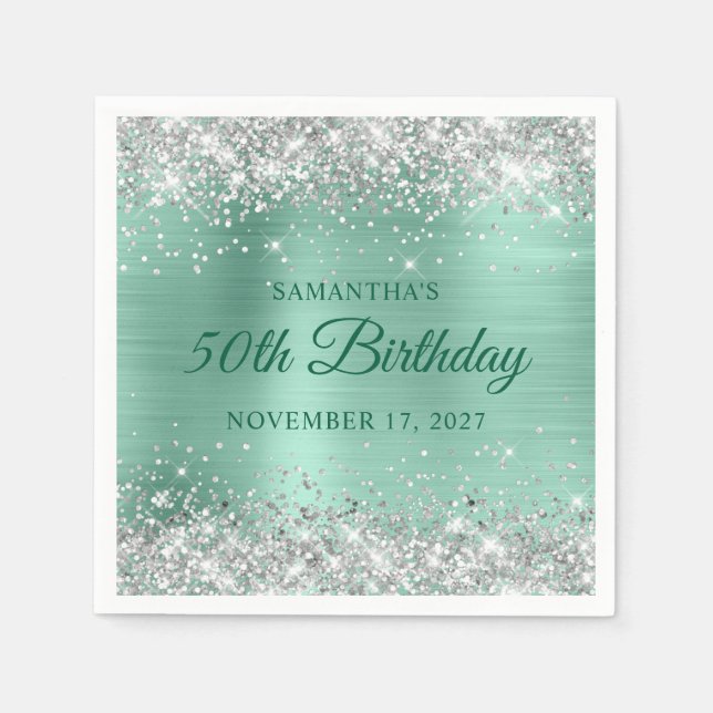 50th Birthday Silver Glitter Light Teal Foil Napkin (Front)