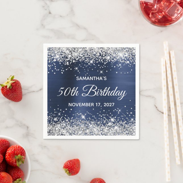 50th Birthday Silver Glitter Navy Blue Foil Napkin (Insitu)