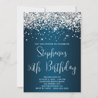 50th Birthday Silver Glitter Ocean Blue Ombre Invitation
