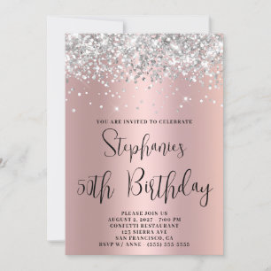 50th Birthday Silver Glitter Pink Rose Gold Invitation