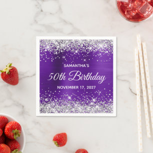 50th Birthday Silver Glitter Purple Foil Napkin