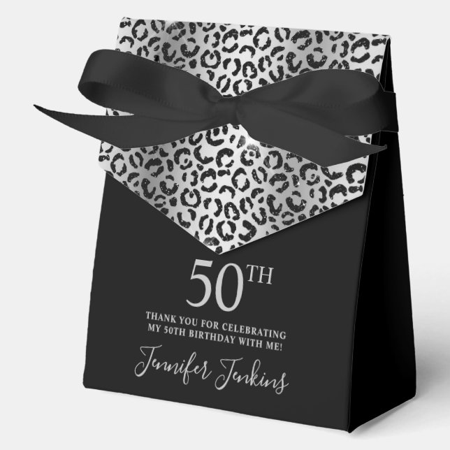 50th Birthday Silver Leopard Print Thank You  Favour Box (Front)