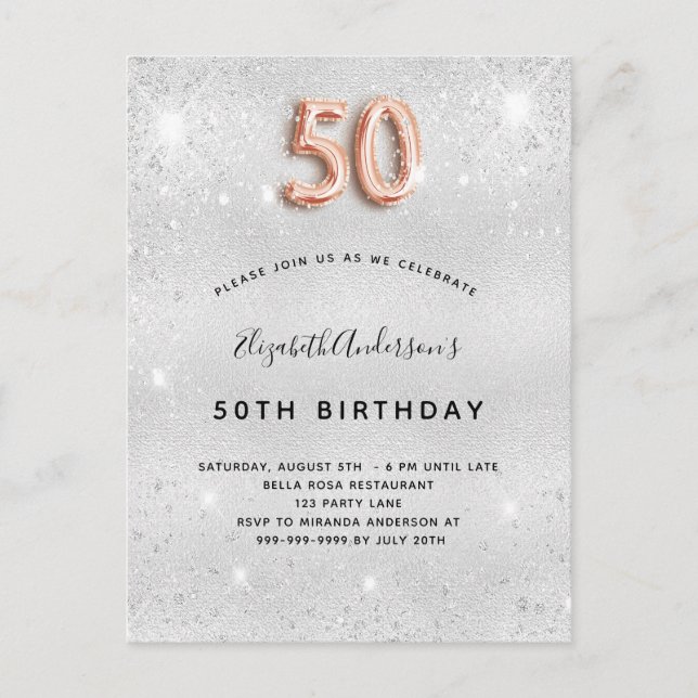 50th birthday silver metal rose gold glitter invitation postcard (Front)