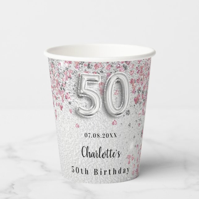 50th birthday silver pink glitter name paper cups (Back)
