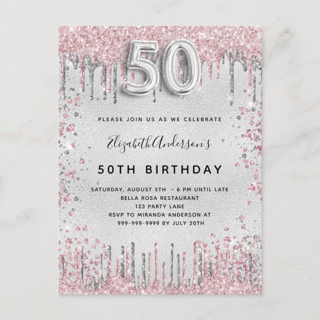 50th birthday silver pink metal glitter dust  invitation postcard (Front)