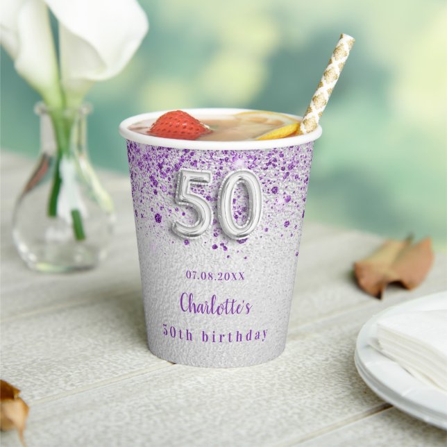 50th birthday silver purple glitter name party paper cups (Insitu)