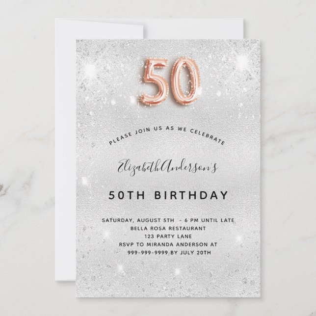 50th birthday silver rose gold glitter invitation (Front)