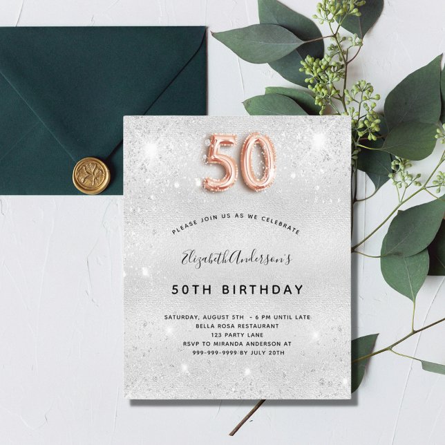 50th birthday silver rose gold invitation (Creator Uploaded)