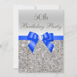 50th Birthday Silver Sequin Royal Blue Bow Diamond Invitation<br><div class="desc">Woman's 50th birthday party invitations. Elegant custom silver and royal blue fiftieth / fifty / 50 years old Birthday Party celebration invitations for women with a pretty silver printed sequins pattern, a cute royal blue bow and ribbon image and printed image diamonds / rhinestones bling jewels (these are part of...</div>