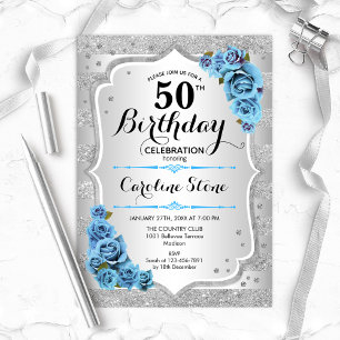 50th Birthday - Silver Stripes Icy Blue Roses Invitation
