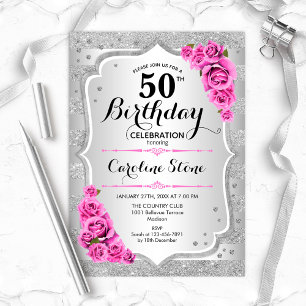 50th Birthday - Silver Stripes Pink Roses Invitation