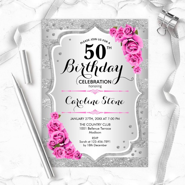 50th Birthday - Silver Stripes Pink Roses Invitation (Creator Uploaded)