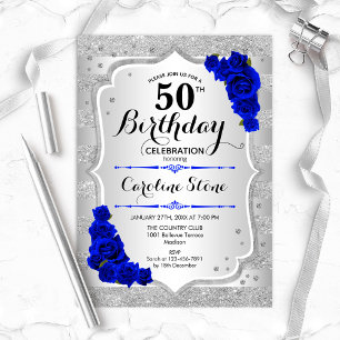 50th Birthday - Silver Stripes Royal Blue Roses Invitation
