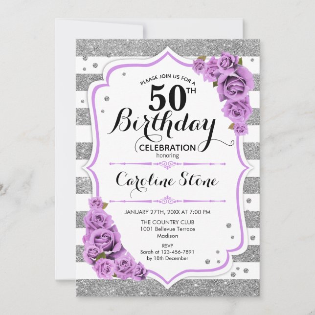 50th Birthday -  Silver White Stripes Purple Roses Invitation (Front)