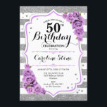 50th Birthday -  Silver White Stripes Purple Roses Invitation<br><div class="desc">50th Birthday Invitation
Elegant silver white purple lavender design with faux glitter. Silver and white stripes with purple roses. Perfect for an elegant fiftieth birthday party.</div>