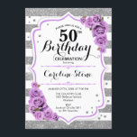 50th Birthday -  Silver White Stripes Purple Roses Invitation<br><div class="desc">50th Birthday Invitation
Elegant silver white purple lavender design with faux glitter. Silver and white stripes with purple roses. Perfect for an elegant fiftieth birthday party.</div>