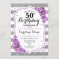 50th Birthday -  Silver White Stripes Purple Roses