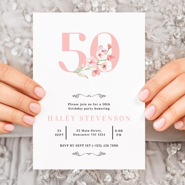 50th Birthday Simple Pink & White Floral Elegant Invitation (Creator Uploaded)