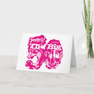 50th birthday, sister, pink text on white. card