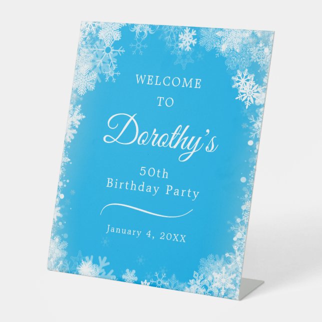 50th Birthday Snowflake Blue Welcome Pedestal Sign (Front)