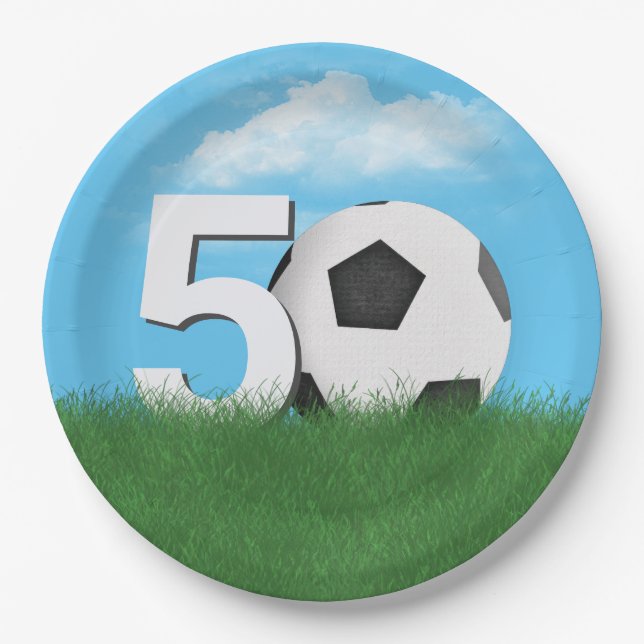 50th Birthday Soccer Ball In Green Grass Paper Plate (Front)