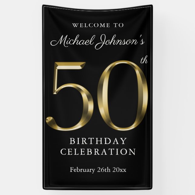 50th Birthday Solid Gold Black Typography Elegant Banner (Vertical)