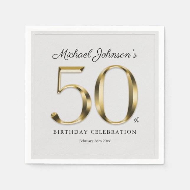 50th Birthday Solid Gold Text Light Grey Classy Napkin (Front)