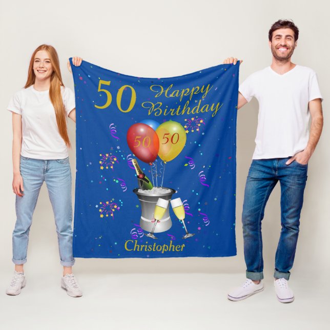 50th Birthday Sparkling Wine Celebration Blue Fleece Blanket (In Situ)