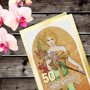 50th Birthday, Spring Goddess, Mucha, Vintage Art Foil Greeting Card