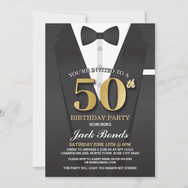 50th Birthday Spy Suit Black tie Gold Invitation (Front)