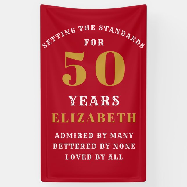 50th Birthday Standards Red Gold Add Your Name Banner (Vertical)
