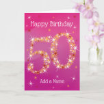 50th Birthday - Star Number - Pink - Age 50 Card<br><div class="desc">50th Birthday Card. 50 in Stars - Age Number - Fiftieth Birthday Card - Pink/Purple Background - Customisable Text. Pink/Purple card with stars number design - the number "50" created with yellow, red and white stars. Customisable text: on front of card: Happy Birthday and Add Your Name. Customisable text: inside...</div>