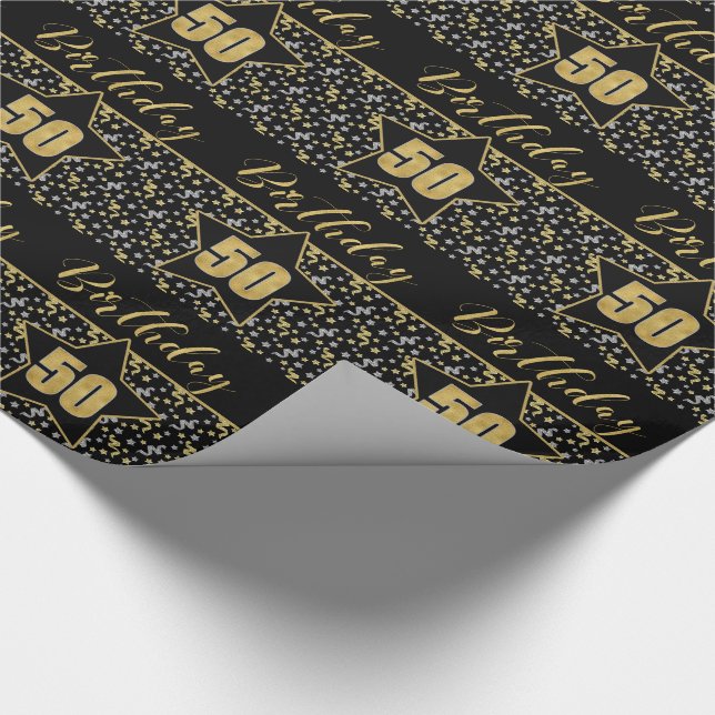 50th Birthday Star on Black with Silver Gold Wrapping Paper (Corner)