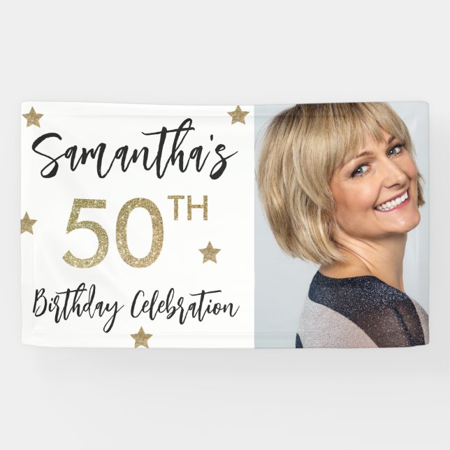 50th Birthday Stars Photo Gold Party Banner (Horizontal)